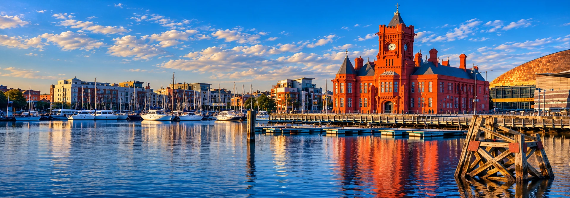 Cardiff Bay waterfront with the red-brick Pierhead Building and Wales Millennium Centre